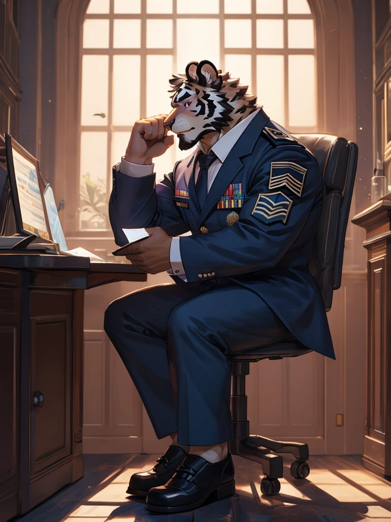 {{bara extremely handsome white tiger,}} {{white fur,}} white, wearing military like purple trench coat purple trousers and white dress shirt and necktie, white fluffy furry body and limbs, loafers, very tall, very broad shoulders, narrow waist, muscular arms, massive pecs, purple eyes, very long legs,  sitting cross legged on swivel chair, reading file, sophisticated smart look, full body, best quality, high quality, silver earring on left ear, dead stare, cold expression