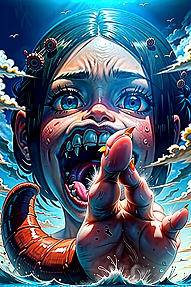 swimming giant monster girl, laughing out loud,Tentacles,looking down,storm sea,giant wave,sinking ship, epic,serious situation,giantess,giantess art work、Re:Zero、Rem、full body