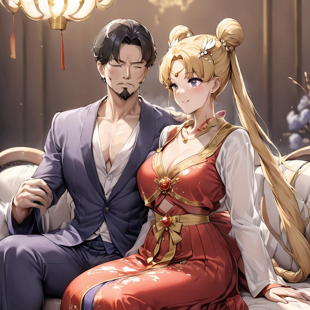 ((Highest quality)), ((masterpiece)), (detailed), （Perfect Face）、The woman is a Chinese girl named Tsukino Usagi, dressed in a gorgeous, glittering red Hanfu outfit with lots of gold embroidery, a gorgeous hair ornament, gorgeous jeweled accessories and an engagement ring. The two are sitting on a gorgeous, large sofa in a gorgeous room, and the woman is being held in the arms of a dignified, middle-aged Chinese man dressed in Hanfu.、The woman is the elegant Tsukino Usagi, a Chinese woman with long blonde hair in a chignon twin tail and wearing a red Hanfu with gorgeous gold embroidery all over it.、The man is a dignified, muscular, bearded, middle-aged Chinese man wearing the traditional Chinese dress, Hanfu.