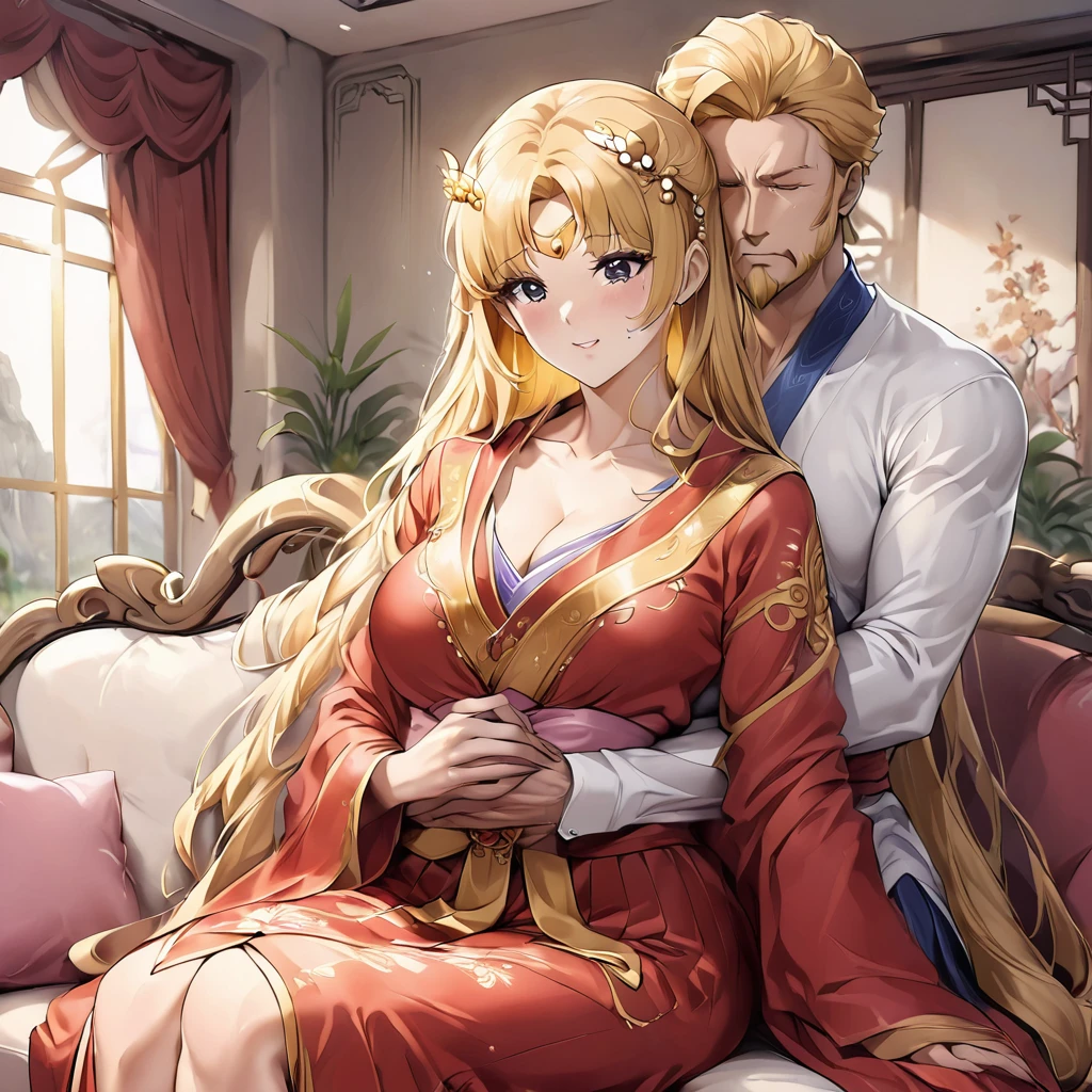 ((Highest quality)), ((masterpiece)), (detailed), （Perfect Face）、The woman is a Chinese girl named Tsukino Usagi, dressed in a gorgeous, glittering red Hanfu outfit with lots of gold embroidery, a gorgeous hair ornament, gorgeous jeweled accessories and an engagement ring. The two are sitting on a gorgeous, large sofa in a gorgeous room, and the woman is being held in the arms of a dignified, middle-aged Chinese man dressed in Hanfu.、The woman is the elegant Tsukino Usagi, a Chinese woman with long blonde hair in a chignon twin tail and wearing a red Hanfu with gorgeous gold embroidery all over it.、The man is a dignified, muscular, bearded, middle-aged Chinese man wearing the traditional Chinese dress, Hanfu.