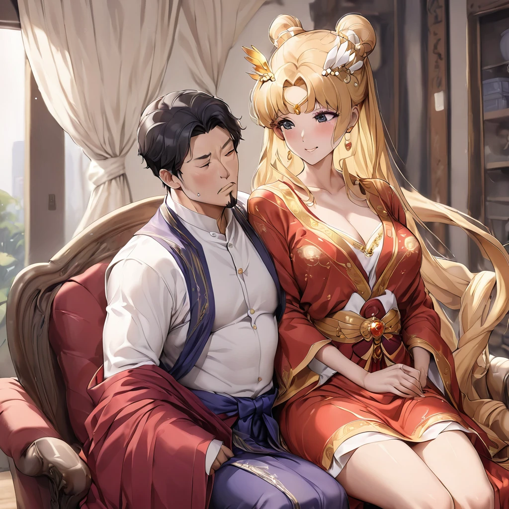 ((Highest quality)), ((masterpiece)), (detailed), (Perfect Face)、The woman is a Chinese girl named Tsukino Usagi, dressed in a gorgeous, glittering red Hanfu outfit with lots of gold embroidery, a gorgeous hair ornament, gorgeous jeweled accessories and an engagement ring. The two are sitting on a gorgeous, large sofa in a gorgeous room, and the woman is being held in the arms of a dignified, middle-aged Chinese man dressed in Hanfu.、The woman is the elegant Tsukino Usagi, a Chinese woman with long blonde hair in a chignon twin tail and wearing a red Hanfu with gorgeous gold embroidery all over it.、The man is a dignified, muscular, bearded, middle-aged Chinese man wearing the traditional Chinese dress, Hanfu.