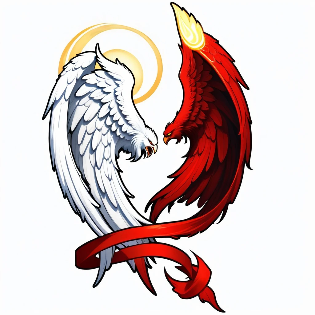 ((best quality)), ((masterpiece)), (detailed), 2d illustration of one white angel wing with a halo on it and one one demon wing with a devilish tale. No background 