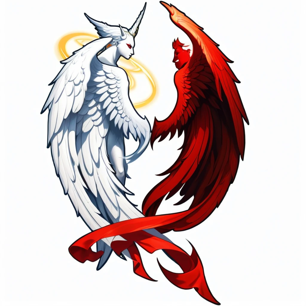 ((best quality)), ((masterpiece)), (detailed), 2d illustration of one white angel wing with a halo on it and one one demon wing with a devilish tale. No background 
