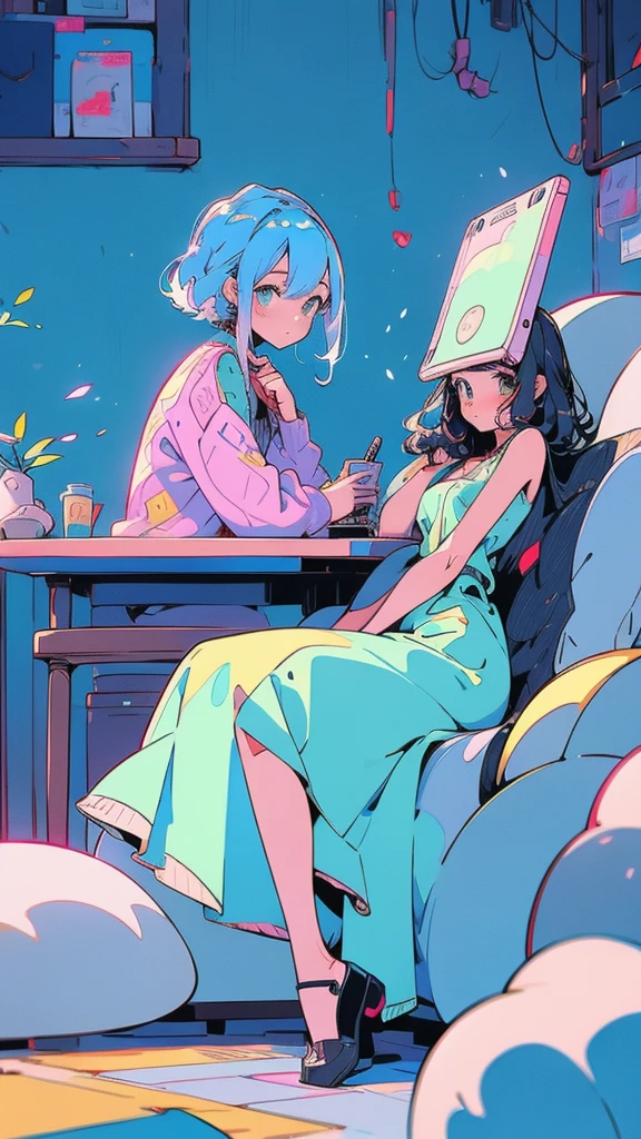 cartoon girl sitting at a desk with a laptop computer, cartoon style illustration, digital anime illustration, in the art style of bowater, in style of digital illustration, illustration style, beautiful illustration, cute detailed digital art, beautiful digital illustration, stunning art style, trending on artstration, proffesional illustration, cute digital art, procreate illustration, beautiful drawing style