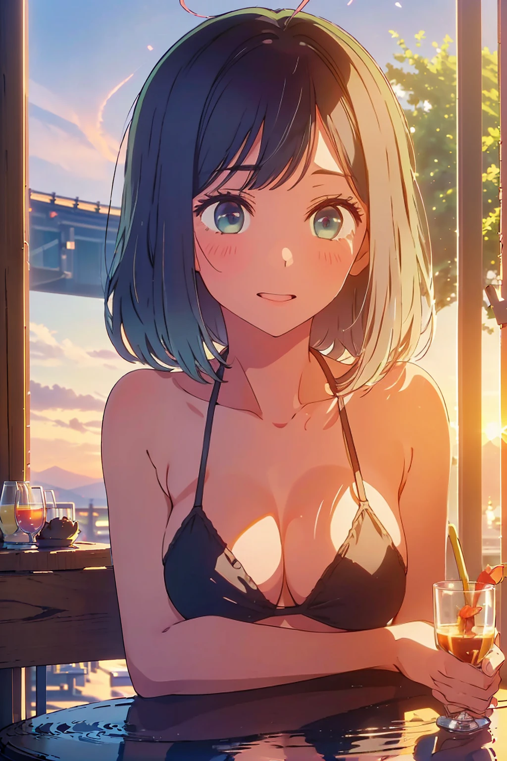 (Highest quality:1.4、masterpiece:1.4、Super detailed:1.4、8K:1.4)、F cup bust、Big Breasts、Slim body、((((1 person、Surprised expression、sit、In the background are the urban buildings of Tokyo、looking at the camera、Outdoor café terrace、Sunset Beach、Navy hair color、Leaning against a wall、juice、table、sunset、Very cute face))))、((nude、Areola、bikini size too small))、Big eyes、((((Shallow depth of field))))、Holding a glass