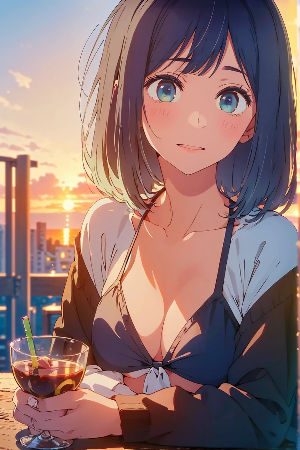 (Highest quality:1.4、masterpiece:1.4、Super detailed:1.4、8K:1.4)、F cup bust、Big Breasts、Slim body、((((1 person、Surprised expression、sit、In the background are the urban buildings of Tokyo、looking at the camera、Outdoor café terrace、Sunset Beach、Navy hair color、Leaning against a wall、juice、table、sunset、Very cute face))))、((nude、Areola、bikini size too small))、Big eyes、((((Shallow depth of field))))、Holding a glass