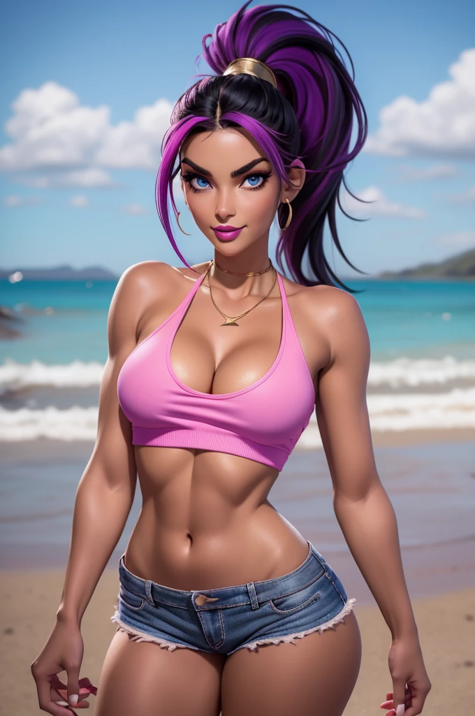 beautiful, 26 year old girl, slim body, (black hair [purple highlights]), blue eyes, pink lipstick, mascara, blush, beautiful eyebrows, white crop top hoodie, soft skin, gold necklace, ponytail, short shorts, smirk, on the beach, (full body shot), looking back at the viewer