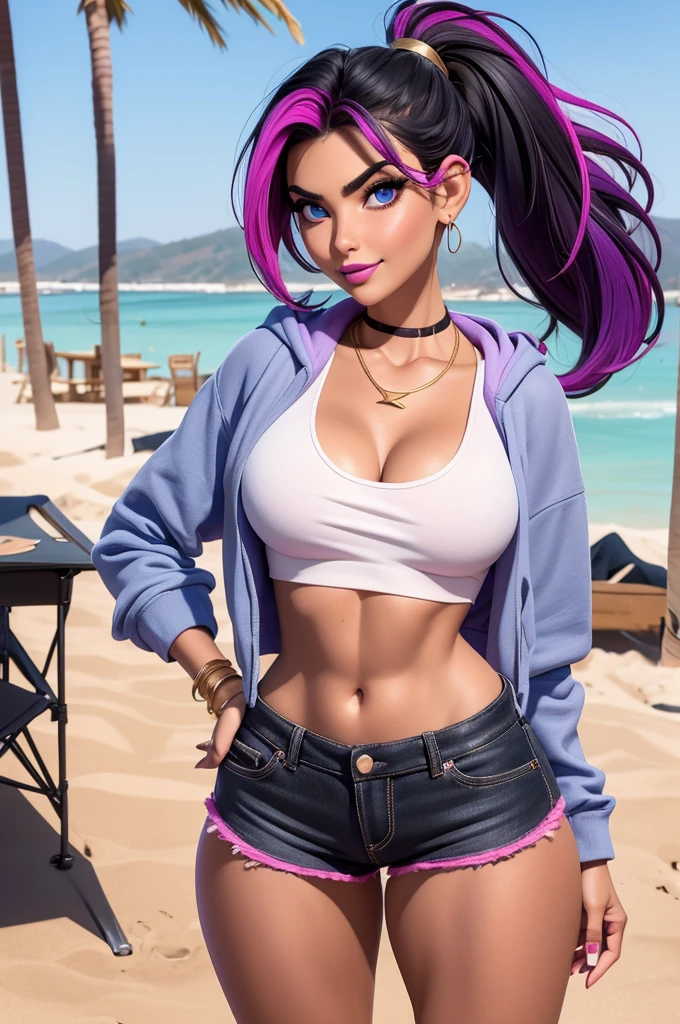 beautiful, 26 year old girl, slim body, (black hair [purple highlights]), blue eyes, pink lipstick, mascara, blush, beautiful eyebrows, white crop top hoodie, soft skin, gold necklace, ponytail, short shorts, smirk, on the beach, (full body shot), looking back at the viewer