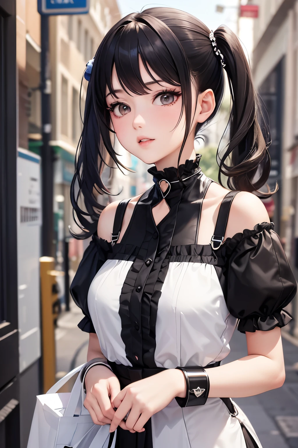 masterpiece, best quality, highly detailed, high resolution, expensive resolution, high resolution, 4K, 8k, Unity 8k wallpaper, highly detailed CG, masterpiece, 2D, 3D, beautiful details, depth, fine texture, best quality: 1.3, perfect focus, crispy skin, him, very cute, one 20-something girl, before a date with him, enjoying fashion, short twin tails, mole under eye, looking at the viewer, expensive, blush, mole, parted lips, heart, pink eyes, choker