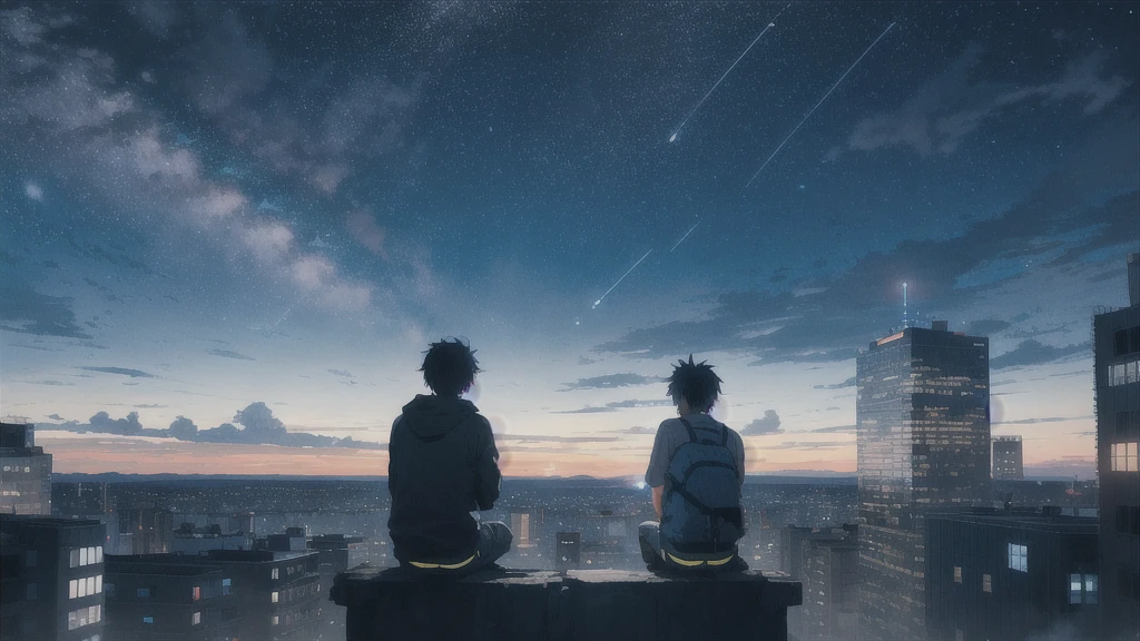 深night,暗いnight空,Octane, star (null), scenery, Blue parakeet,Acoustic guitar,star, night, One Boy, Back view,night, alone, Outdoor, Blue parakeet,building, cloud, milky way, Sitting,city, silhouette