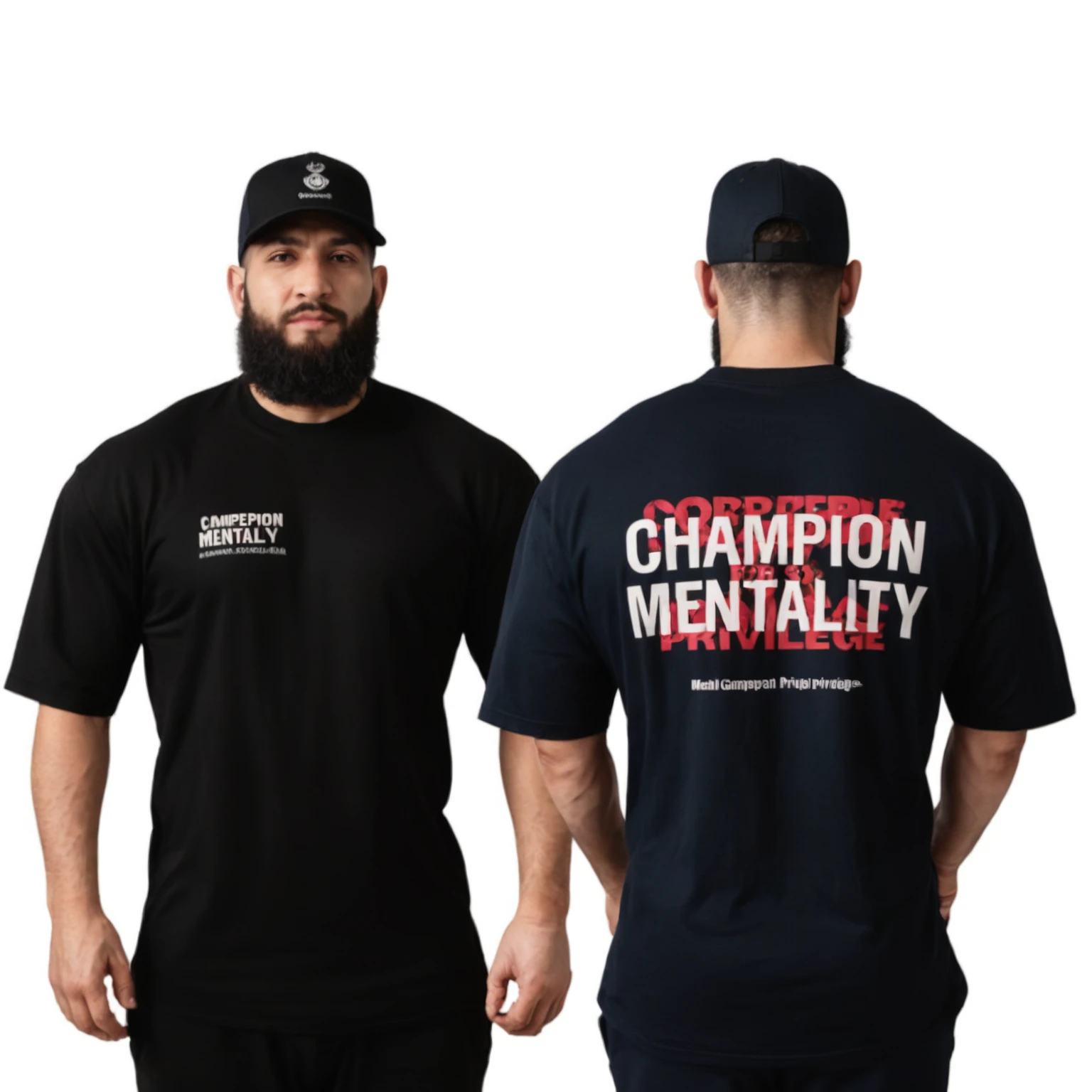 two men wearing black shirts with the words campeão mentally privilege, oficial, campeão, oficial product photo, Motivaçãoal, oficial product image, frente e verso view, inspiração, Khabib, vistas laterais frontais completas, mental, Motivação, inspo, corpo de ernest khalimov, foto completa do produto, corpo todo, corpo todo, vista superior e lateral, frente e verso