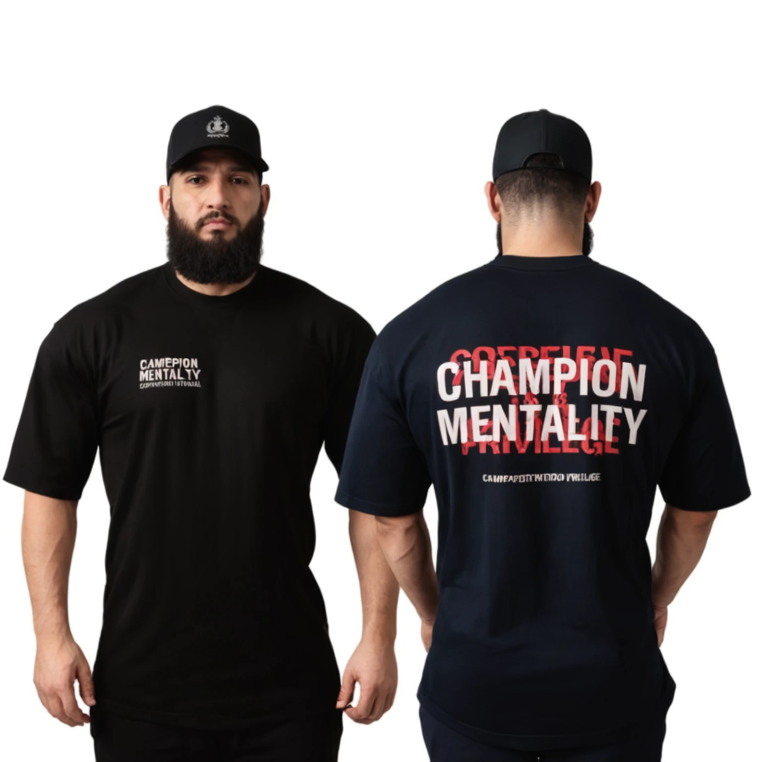 two men wearing black shirts with the words campeão mentally privilege, oficial, campeão, oficial product photo, Motivaçãoal, oficial product image, frente e verso view, inspiração, Khabib, vistas laterais frontais completas, mental, Motivação, inspo, corpo de ernest khalimov, foto completa do produto, corpo todo, corpo todo, vista superior e lateral, frente e verso