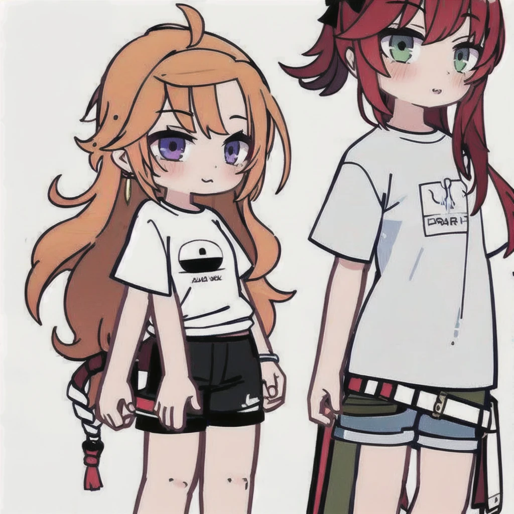 1 girl, looking at viewer, White background, White T-shirt, black shorts, hands to the side