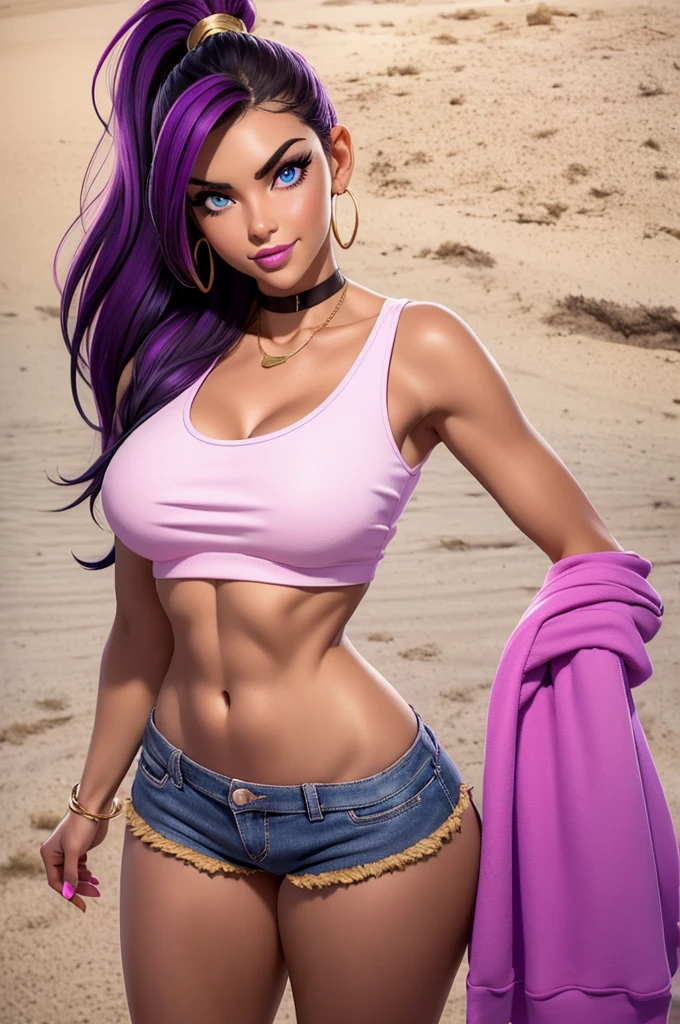 beautiful, 26 year old girl, slim body, (black hair [purple highlights]), blue eyes, pink lipstick, mascara, blush, beautiful eyebrows, white crop top hoodie, soft skin, gold necklace, ponytail, short shorts, smirk, on the beach, (full body shot), looking back at the viewer