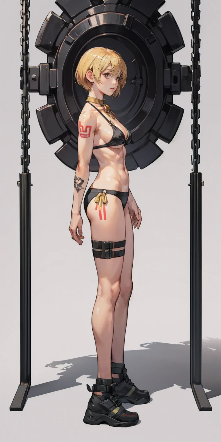 (masterpiece, plain background:1.2, far shot view from below angle,1chica 1solo) standing full body, mature woman, Eyes, wide, black bikini, pronounced abs, chain collar, stomach tattoo (red tattoo)