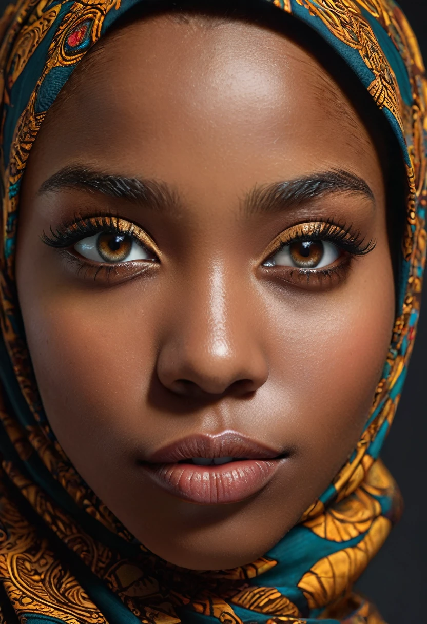 realistic:1.2, realistic, african american young lady, beautiful detailed eyes, beautiful detailed lips, extremely detailed eyes and face, longeyelashes, serious expression, wearing suit, wearing hijab, dark skin color, photorealistic, ultra-detailed, 8k, professional, studio lighting, vivid colors