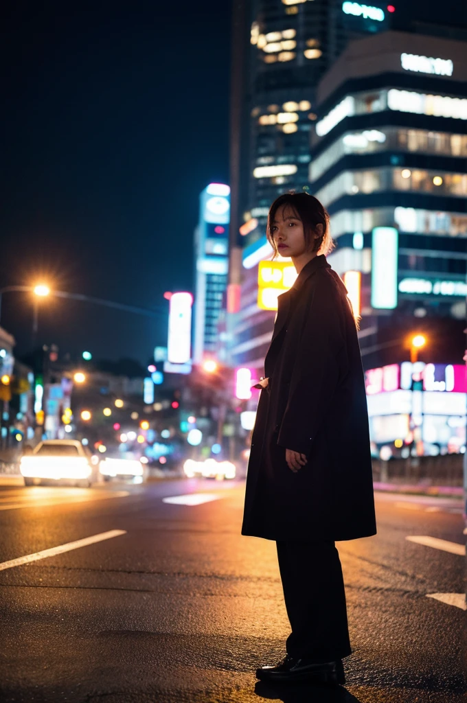 (Cinematic aesthetics:1.4) Bokeh city night photo of beautiful Korean fashion model　The whole body is shown from head to toe　Standing alone with the whole body facing you