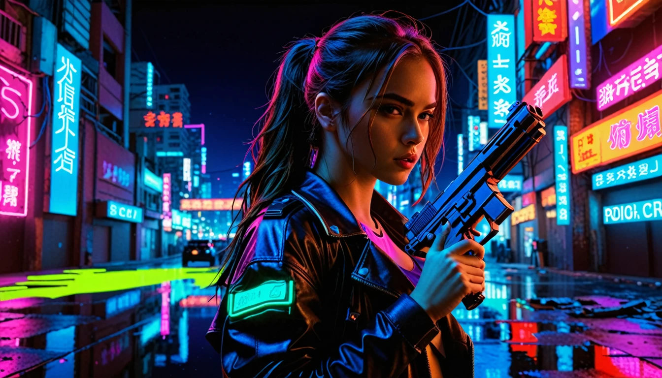 (masterpiece, Best quality:1.2), 1 girl, neon, Weapon, a gun, night city,