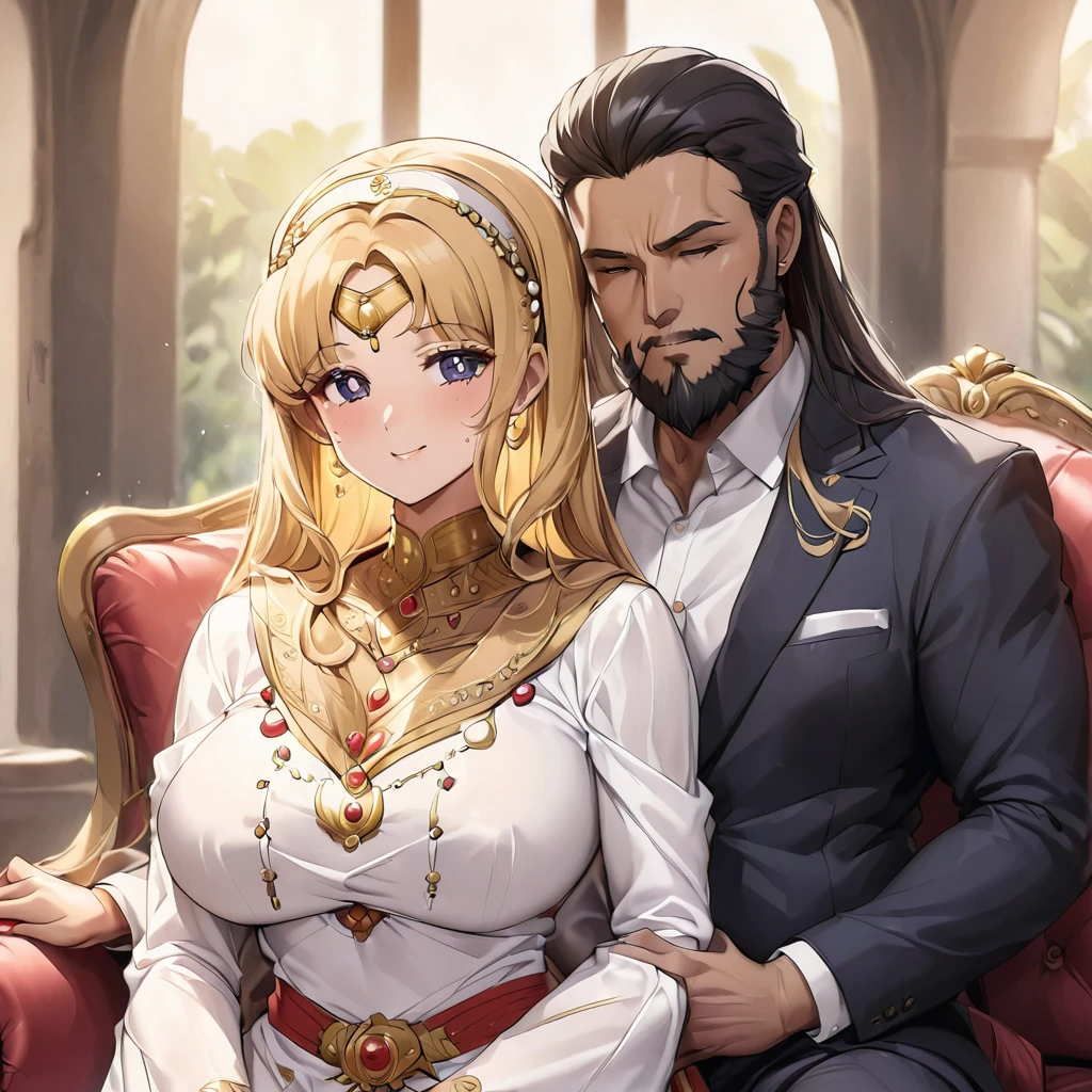((Highest quality)), ((masterpiece)), (detailed), （Perfect Face）、The woman is Tsukino Usagi, an Arab Muslim with vivid brown skin, and is wearing a gorgeous, glittering Arab national costume with gold embroidery, a gorgeous hijab, a gorgeous hair ornament, gorgeous jeweled accessories, and an engagement ring in a luxurious Islamic mansion. The woman and the man are sitting on a luxurious, large sofa in the luxurious room, and the woman is being held in the arms of a dignified, bearded, middle-aged Arab Muslim man wearing Arab national costume.、The woman is the elegant Tsukino Usagi, with long blonde hair in a chignon twin tail, wearing Arab national dress and a gorgeous hijab. She is a Muslim Arab with vivid brown skin.、（The woman is a dark-skinned Arab Muslim named Tsukino Usagi）、The man is a Muslim, dignified, strong-looking, bearded, middle-aged Arab man wearing traditional Arab clothing.