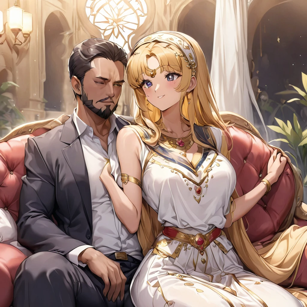 ((Highest quality)), ((masterpiece)), (detailed), (Perfect Face)、The woman is Tsukino Usagi, an Arab Muslim with vivid brown skin, and is wearing a gorgeous, glittering Arab national costume with gold embroidery, a gorgeous hijab, a gorgeous hair ornament, gorgeous jeweled accessories, and an engagement ring in a luxurious Islamic mansion. The woman and the man are sitting on a luxurious, large sofa in the luxurious room, and the woman is being held in the arms of a dignified, bearded, middle-aged Arab Muslim man wearing Arab national costume.、The woman is the elegant Tsukino Usagi, with long blonde hair in a chignon twin tail, wearing Arab national dress and a gorgeous hijab. She is a Muslim Arab with vivid brown skin.、(The woman is a dark-skinned Arab Muslim named Tsukino Usagi)、The man is a Muslim, dignified, strong-looking, bearded, middle-aged Arab man wearing traditional Arab clothing.