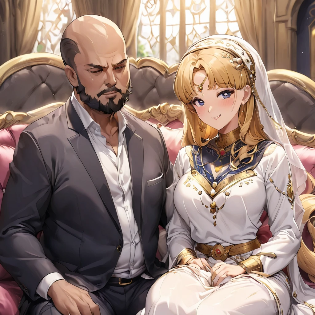 ((Highest quality)), ((masterpiece)), (detailed), (Perfect Face)、The woman is Tsukino Usagi, an Arab Muslim with vivid brown skin, and is wearing a gorgeous, glittering Arab national costume with gold embroidery, a gorgeous hijab, a gorgeous hair ornament, gorgeous jeweled accessories, and an engagement ring in a luxurious Islamic mansion. The woman and the man are sitting on a luxurious, large sofa in the luxurious room, and the woman is being held in the arms of a dignified, bearded, middle-aged Arab Muslim man wearing Arab national costume.、The woman is the elegant Tsukino Usagi, with long blonde hair in a chignon twin tail, wearing Arab national dress and a gorgeous hijab. She is a Muslim Arab with vivid brown skin.、(The woman is a dark-skinned Arab Muslim named Tsukino Usagi)、The man is a Muslim, dignified, strong-looking, bearded, middle-aged Arab man wearing traditional Arab clothing.