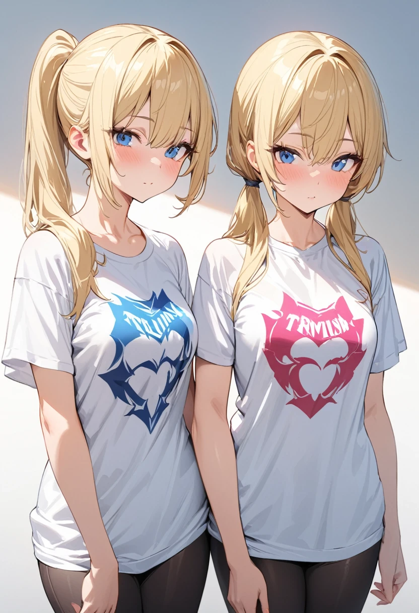 Masterpiece,best quality,ultra detailed, Two women, blonde, ponytailed, twins, identical faces, one wearing beautiful armor, one wearing a silly t-shirt, standing side by side, upper body, image divided by a line in the middle,