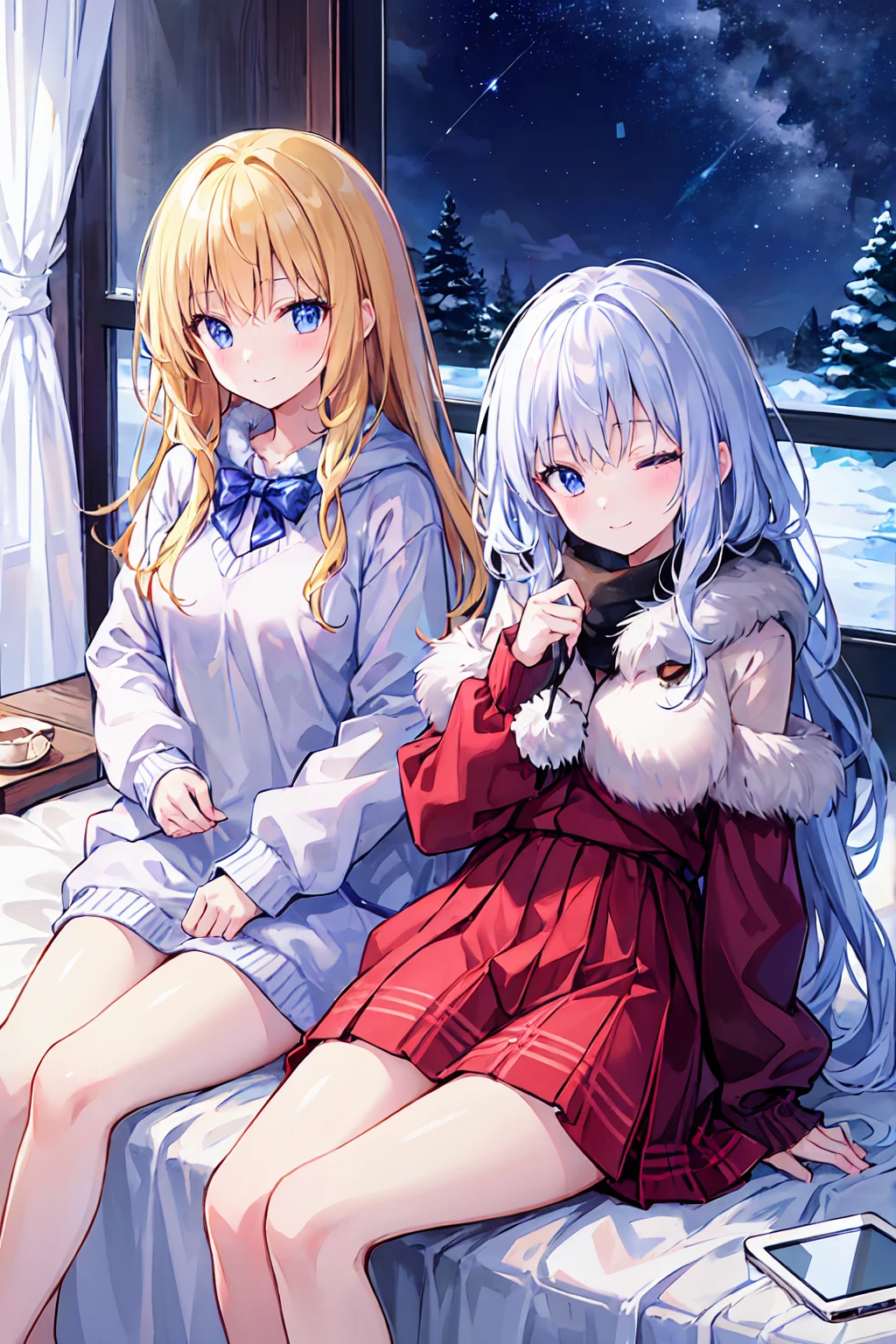 (Pretty Girl:1.3)、 smile,winterの雰囲気、winter、Sleeping in bed、Before bedtime、Shining Night Sky,8K,Ultra HD,Fine skin