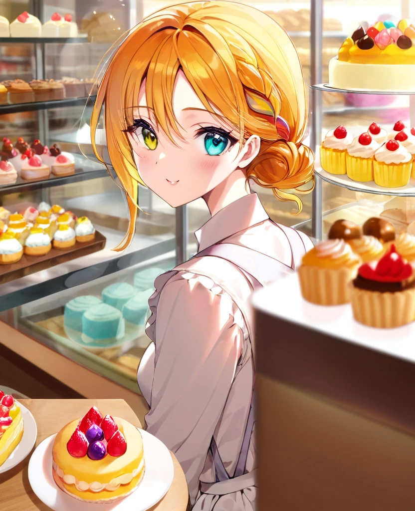 ""Create an anime-style close-up artwork of a young girl working in a bakery, with detailed, high-quality eyes. She has neatly tied back hair and wears a cheerful, apron over a simple blouse. Her eyes should be the focal point, reflecting the warm, inviting atmosphere of the bakery filled with delicious pastries and bread. The background should hint at a cozy bakery setting, with blurred images of colorful cupcakes, freshly baked loaves of bread, and shelves stacked with confectionery, keeping the focus on her content and dedicated expression as she decorates a cake."
