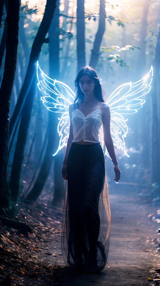 A girl, Solitary, Glowing eyes, Pretty Face, Angel Wings, Fairy Skirt, veil, full-body shot, Looking at the audience, Blue style, Mysterious lake, Hazy Beauty, Fantastic feeling, Mysterious feeling, Reality , detailed, Level lighting effects, Ambient Lighting