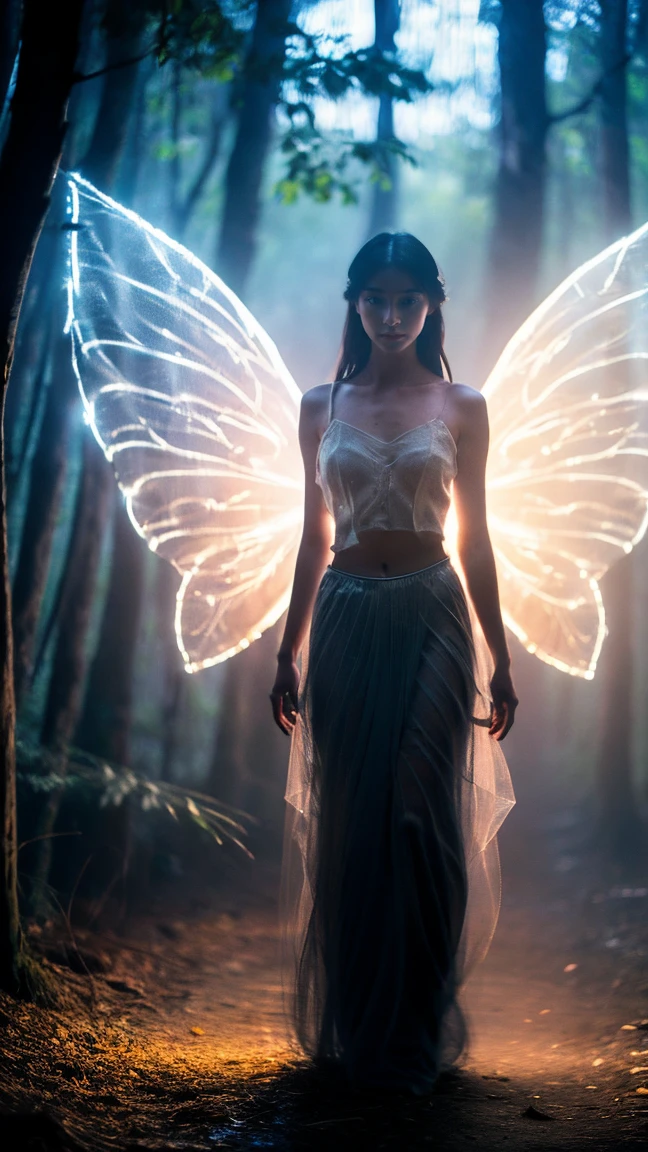 A girl, Solitary, Glowing eyes, Pretty Face, Angel Wings, Fairy Skirt, veil, full-body shot, Looking at the audience, Blue style, Mysterious lake, Hazy Beauty, Fantastic feeling, Mysterious feeling, Reality , detailed, Level lighting effects, Ambient Lighting