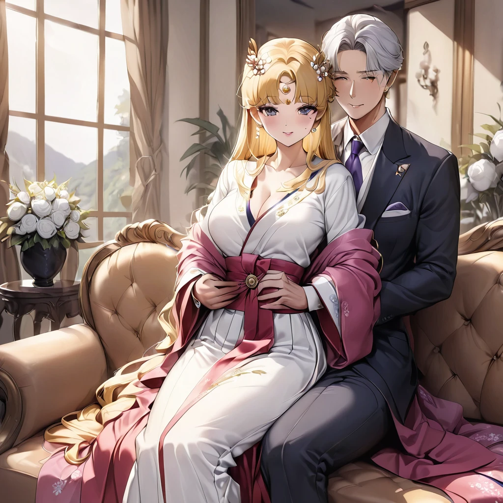 ((Highest quality)), ((masterpiece)), (detailed), (Perfect Face)、The woman is Korean Tsukino Usagi, and is wearing a gorgeous and dazzling traditional Korean dress called a hanbok (traditional Korean dress), a gorgeous hair ornament, gorgeous jeweled accessories, and an engagement ring in a luxurious Korean mansion. The man and woman are sitting on a large, luxurious sofa in the luxurious room, and the woman is being held in the arms of a dignified and sturdy middle-aged Korean man wearing hanbok.、The woman is the elegant Tsukino Usagi, a Korean woman with long blonde hair in a chignon twin tail, wearing the traditional Korean dress, Chima Chogori.、The man is a dignified, sturdy middle-aged Korean man wearing the traditional Korean dress, Hanbok.