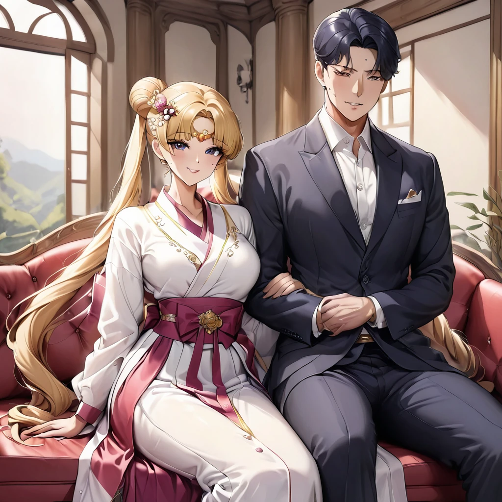 ((Highest quality)), ((masterpiece)), (detailed), (Perfect Face)、The woman is Korean Tsukino Usagi, and is wearing a gorgeous and dazzling traditional Korean dress called a hanbok (traditional Korean dress), a gorgeous hair ornament, gorgeous jeweled accessories, and an engagement ring in a luxurious Korean mansion. The man and woman are sitting on a large, luxurious sofa in the luxurious room, and the woman is being held in the arms of a dignified and sturdy middle-aged Korean man wearing hanbok.、The woman is the elegant Tsukino Usagi, a Korean woman with long blonde hair in a chignon twin tail, wearing the traditional Korean dress, Chima Chogori.、The man is a dignified, sturdy middle-aged Korean man wearing the traditional Korean dress, Hanbok.