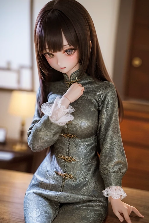 photorealistic, realistic photo, ((highest quality)), ((masterpiece)), (extremely detailed), kukolnydom, doll, (mature woman:1.6), solo, ((cowboy shot)), dynamic pose, brown hair, green eyes, (looking down, blank eyes, empty eyes, detailed eyes:1.3), light smile, china dress, chinese room, 8k