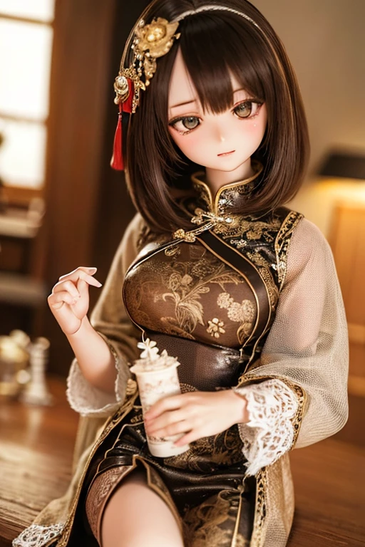 photorealistic, realistic photo, ((highest quality)), ((masterpiece)), (extremely detailed), kukolnydom, doll, (mature woman:1.6), solo, ((cowboy shot)), dynamic pose, brown hair, green eyes, (looking down, blank eyes, empty eyes, detailed eyes:1.3), light smile, china dress, chinese room, 8k