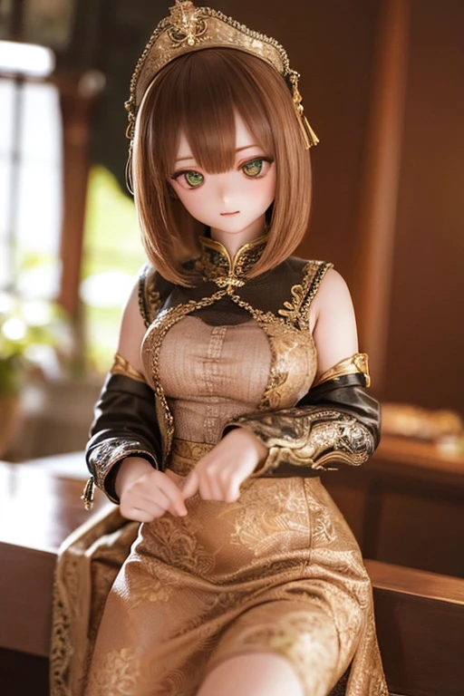 photorealistic, realistic photo, ((highest quality)), ((masterpiece)), (extremely detailed), kukolnydom, doll, (mature woman:1.6), solo, ((cowboy shot)), dynamic pose, brown hair, green eyes, (looking down, blank eyes, empty eyes, detailed eyes:1.3), light smile, china dress, chinese room, 8k