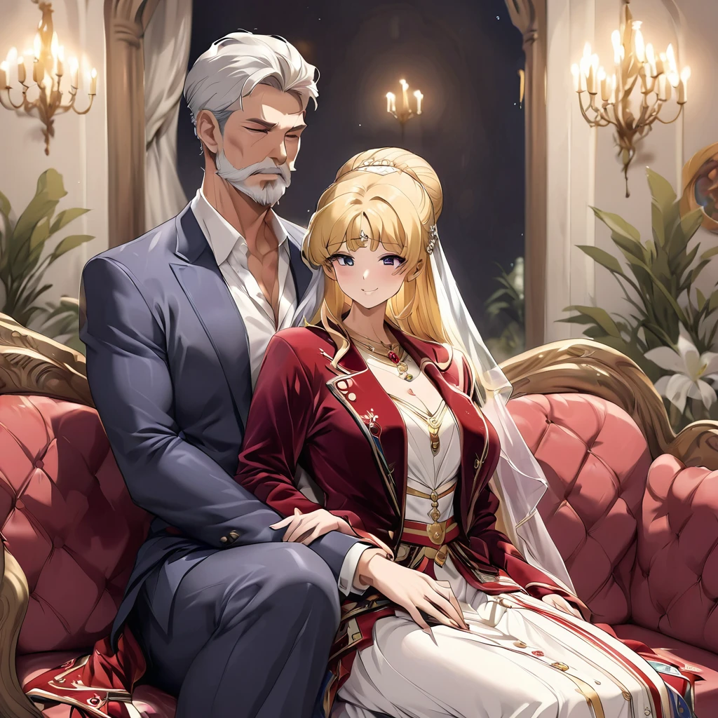 ((Highest quality)), ((masterpiece)), (detailed), (Perfect Face)、The woman is an Italian named Tsukino Usagi, and is wearing the gorgeous and glittering Italian traditional Sardinian costume in a luxurious Italian mansion, a lavishly decorated velvet jacket, a long veil, gorgeous jeweled accessories and an engagement ring. The woman and the man are sitting on a luxurious, large sofa in the luxurious room, and the woman is being held in the arms of a dignified, bearded middle-aged man wearing an Italian traditional costume.、The woman is the elegant Tsukino Usagi, with long blonde hair in a chignon twin tail, wearing a velvet jacket decorated with the Italian national costume of Sardinia, and a long veil.、The man is a dignified, muscular, bearded Italian man dressed in Italian national dress.