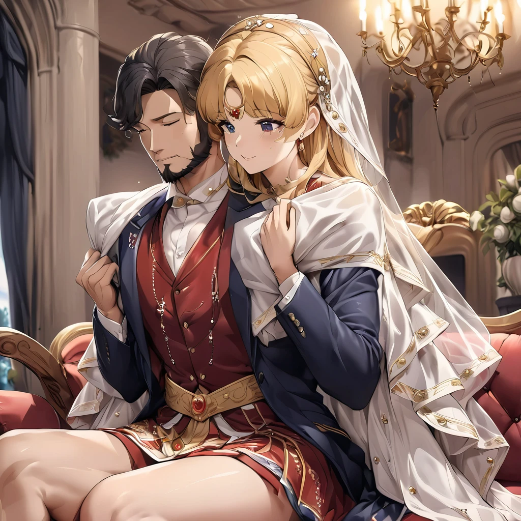 ((Highest quality)), ((masterpiece)), (detailed), (Perfect Face)、The woman is an Italian named Tsukino Usagi, and is wearing the gorgeous and glittering Italian traditional Sardinian costume in a luxurious Italian mansion, a lavishly decorated velvet jacket, a long veil, gorgeous jeweled accessories and an engagement ring. The woman and the man are sitting on a luxurious, large sofa in the luxurious room, and the woman is being held in the arms of a dignified, bearded middle-aged man wearing an Italian traditional costume.、The woman is the elegant Tsukino Usagi, with long blonde hair in a chignon twin tail, wearing a velvet jacket decorated with the Italian national costume of Sardinia, and a long veil.、The man is a dignified, muscular, bearded Italian man dressed in Italian national dress.