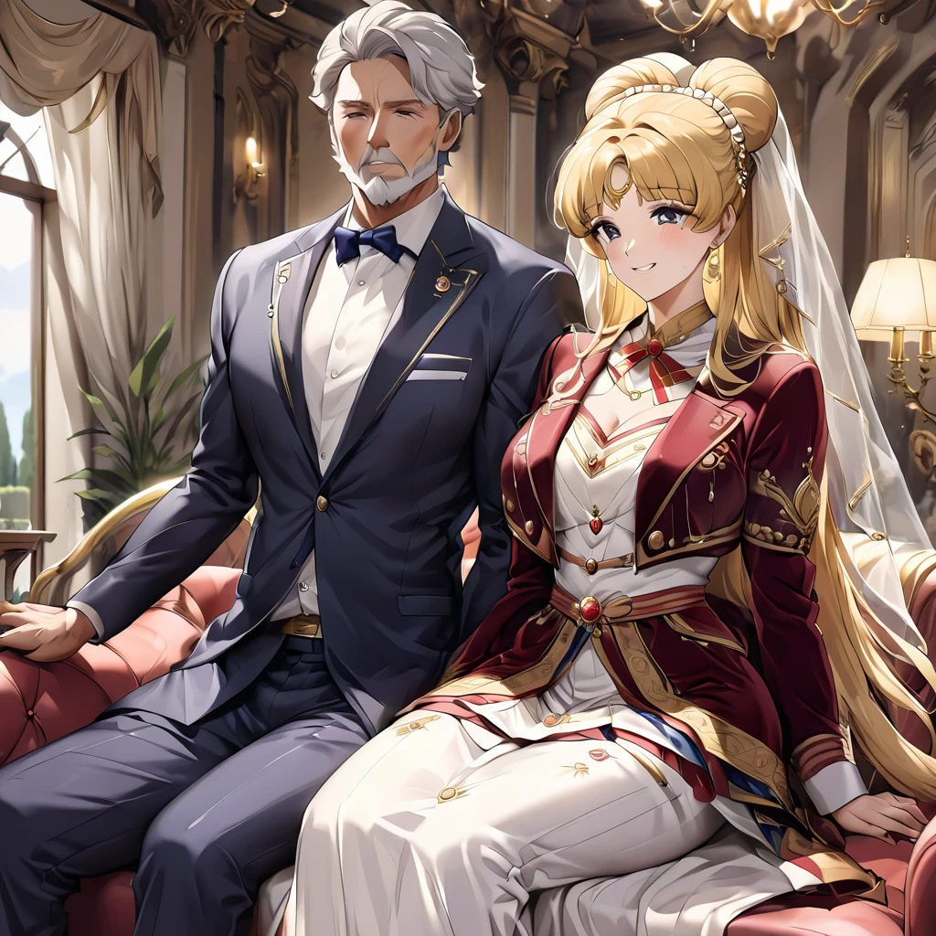 ((Highest quality)), ((masterpiece)), (detailed), (Perfect Face)、The woman is an Italian named Tsukino Usagi, and is wearing the gorgeous and glittering Italian traditional Sardinian costume in a luxurious Italian mansion, a lavishly decorated velvet jacket, a long veil, gorgeous jeweled accessories and an engagement ring. The woman and the man are sitting on a luxurious, large sofa in the luxurious room, and the woman is being held in the arms of a dignified, bearded middle-aged man wearing an Italian traditional costume.、The woman is the elegant Tsukino Usagi, with long blonde hair in a chignon twin tail, wearing a velvet jacket decorated with the Italian national costume of Sardinia, and a long veil.、The man is a dignified, muscular, bearded Italian man dressed in Italian national dress.