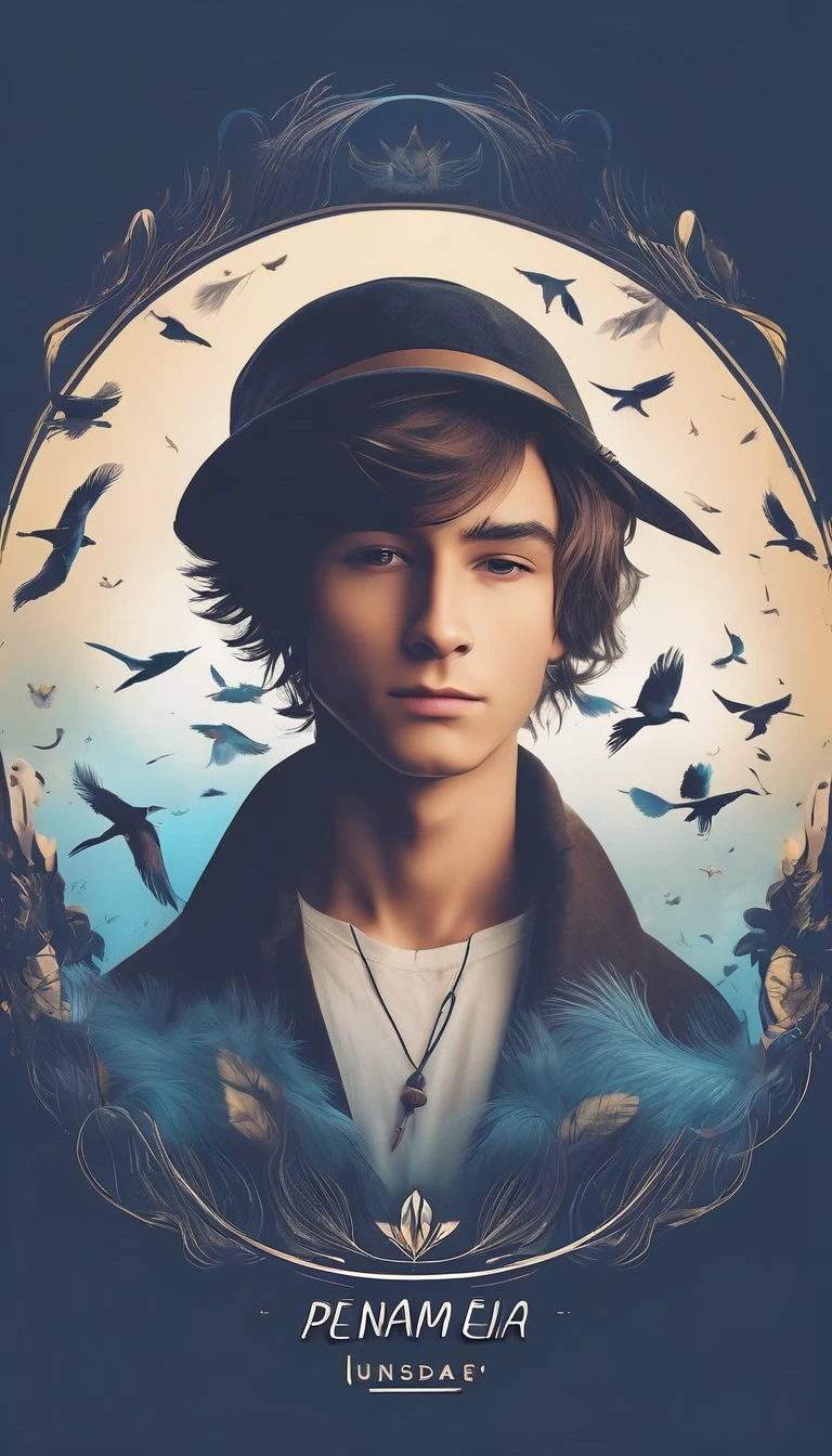 Create a professional, fantastic, cinematic dream-like Youtube Banner for a brand about music, stories, fantasy and dreams called " Penamemoria". Masterpiece, 4k, sharp focus, highest quality,wide shot. The title is " Penamemoria". Is a brand about the creative, unique journey of a boy into becoming a musician storyteller. In his journey he finds inspiration in a world of birds and feathers. Minimalistic, simple, poetic, dreamy logotype at the center of the image. The Background image is a world full of fantastic feathers, unique birds, light blue sky, soft white and light golden. Logo design of a face of a boy and a face of a feather