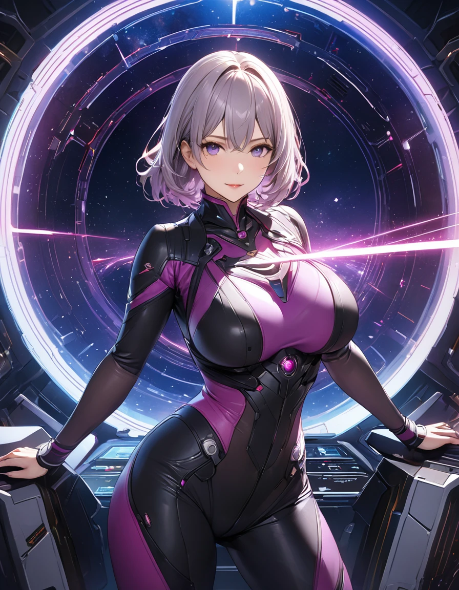 Beautiful mature woman,(High resolution,8k wallpaper,masterpiece,Highest quality,Depth of region,Anatomically accurate depiction),((女性universe飛行士:1.5)),(universe服),(Purple eyes,Large Breasts,),background:universe,(universe船の爆発,beam,laser),cockpit,(((universe戦争)))