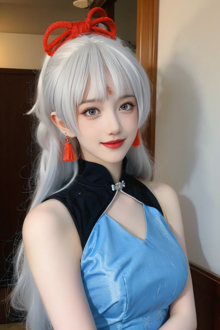 best quality, tmasterpiece,Ultra-high resolution,Clear face,(Reality:1.4),ferpect lighting,upper body photo), (photorealistic:1.50), anime wallpaper, Guviz style artwork, cover-up fantasy up to magic , by Yang J, Guviz, beautiful artwork illustration, beautiful digital artwork, beautiful digital illustration, Li Song, beautiful anime portrait, art style in Beauvot, 1girl,独奏, white hair, hair ornament, long hair, bangs, jewelry, Earring, blue eyes, Double eyelids, Blush, Cheeks flushed, smile, Chinese dress,