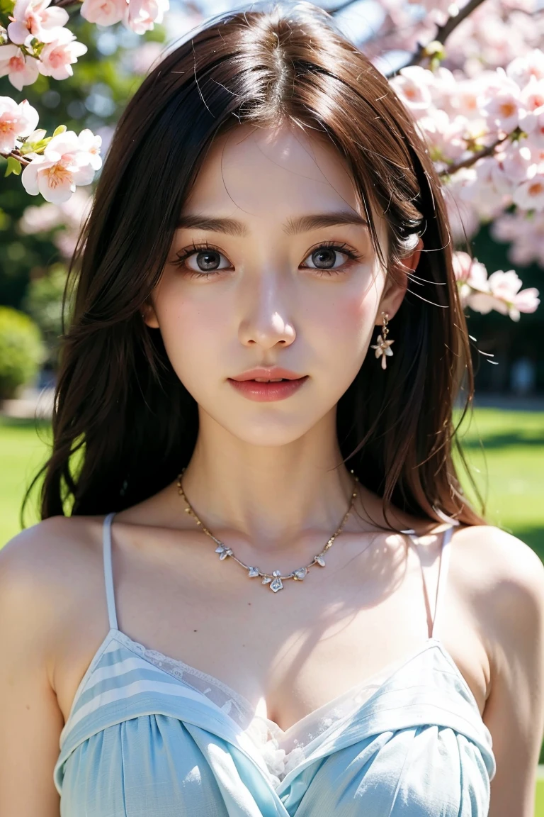 Pale face:1.3、Super thin face:1.3, (very big eyes:1.5)、 (blown eyes:1.5), master piece、8K, {highest quality}, {{masterpiece}}, {very delicate and beautiful}, outstanding light and shadow, highly detailed wallpaper, clear and bright sunlight, Full body: 1 girl, , blush、茶Farbeのショートボブヘア, strong sunlight, (Girly Style Fashion:1.5), delicate hair, B cup breasts, shiny skin, Realistic human skin texture, visible wrinkles on the skin., broad shoulders,window, ((a strong light shines on your face)), Farbe々take a pose:1.5, necklace、ring、earrings、Toothless smile:1,5, A park with cherry blossoms in full bloom
