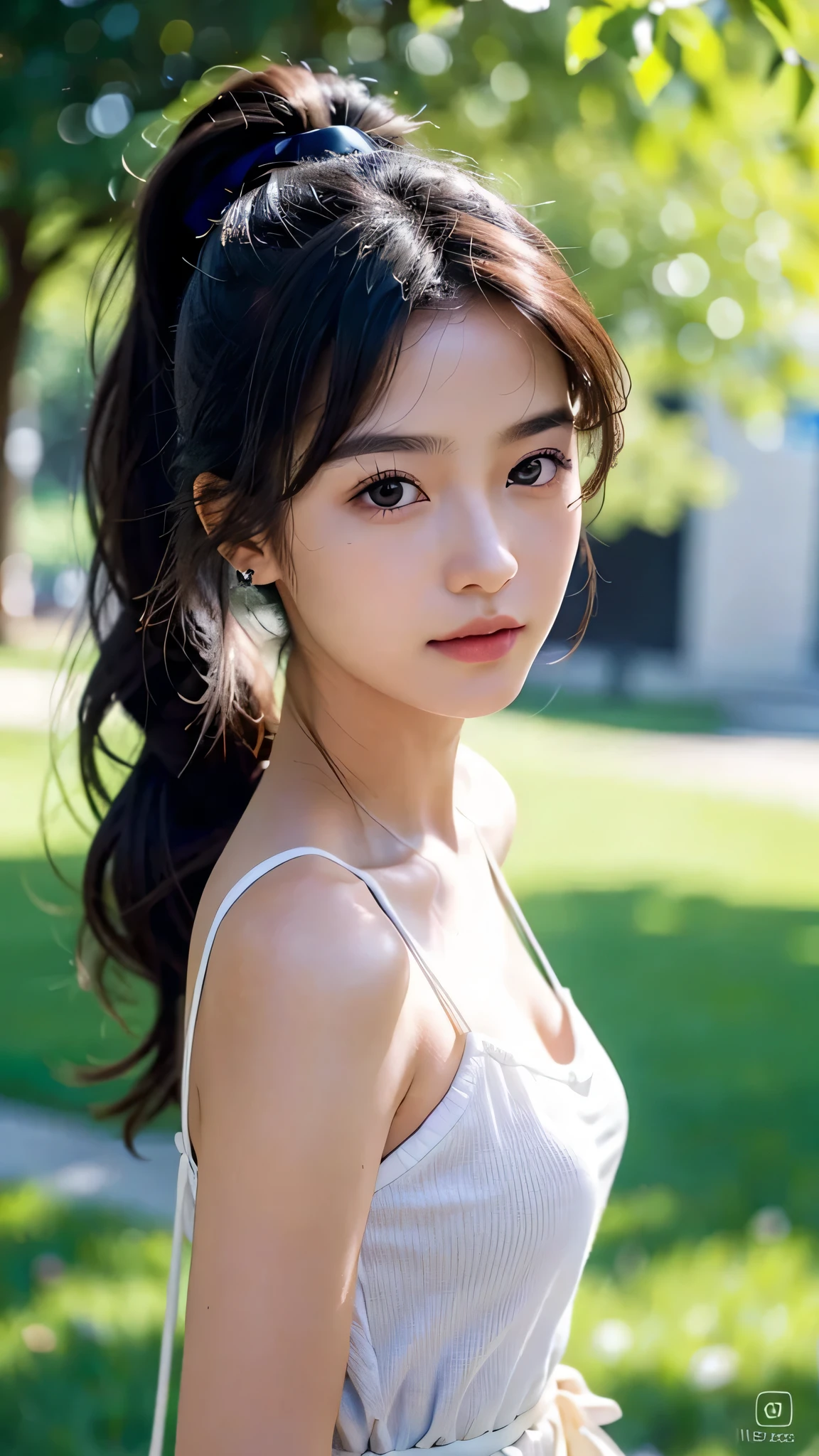 dress,outdoors,Urban Park,On the lawn,One woman,close up face,fully body photo,masutepiece, The highest image quality, High quality, the background is clear,Beautiful woman, Japanese, Detailed, Ultra-detailed, finely detail, hight resolution, 8K Wallpaper, Perfect dynamic composition, Beautiful detailed eyes ,Detailed eyes, Detailed skin, Beautiful skin, 超hight resolution, (reality: 1.4),Very beautiful woman, Slightly younger face, Beautiful skin, slender, (Ultra photo realsisim), (hight resolution), (8K), (Very detailed) (beautifully detailed eyes), (super detailed), (Detailed face), view the viewer, Fine details, Detailed face, Staring straight ahead, Staring straight ahead, photos realistic, Bright lighting, Professional Lighting, Black hair,poneyTail,a baby face,sixteen years old,Hairstyle: ponytail,Long ponytail hairstyle,slight smile,