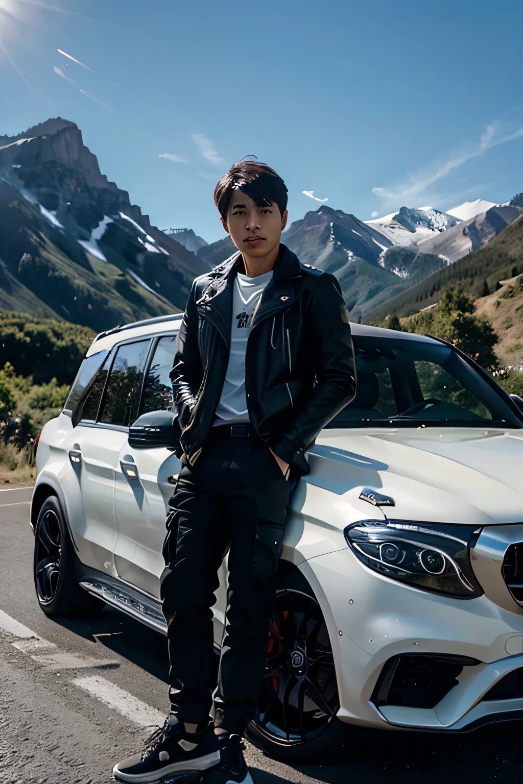 A handsome Korean man wearing a white t-shirt, black leather jacket, black cargo pants, black Jordan shoes, wearing a black watch is standing in front of a black Mercedes AMG G63 G parked on a winding mountain road. The Brabus Kit fitted to the vehicle enhances its aggressive design, with dark tinted windows and large wheels. The sun sets behind the mountains, casting a warm golden light on the car and landscape, creating a striking contrast between the dark terrain and clear sky. The road leads into the distance, hinting at a thrilling adventure., photo,
