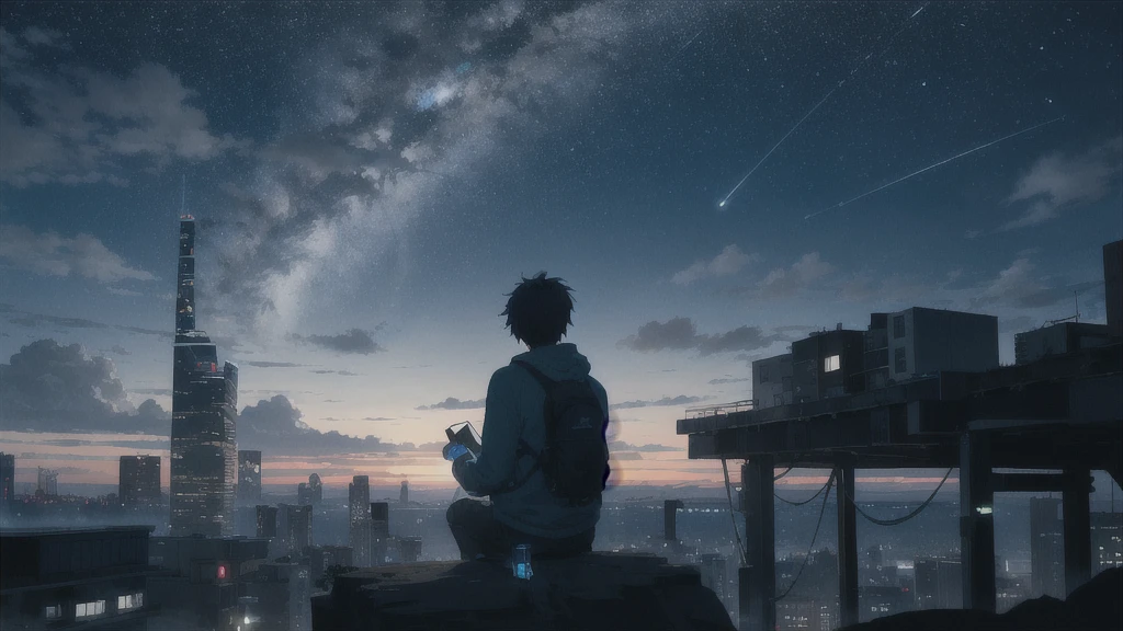 深night,暗いnight空,Octane, star (null), scenery, Blue parakeet,Acoustic guitar,star, night, One Boy, Back view,night, alone, Outdoor, Blue parakeet,building, cloud, milky way, Sitting,city, silhouette