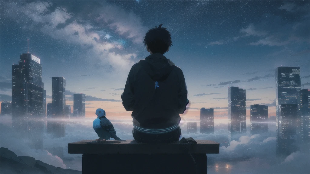 深night,暗いnight空,Octane, star (null), scenery, Blue parakeet,Acoustic guitar,star, night, One Boy, Back view,night, alone, Outdoor, Blue parakeet,building, cloud, milky way, Sitting,city, silhouette