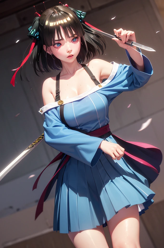 Nino　nanaco、short hair, Twin tails、Random color hair、 blue eyes, hair ornaments, Hair Ribbon, blunt , Both sides up, butterfly hair ornaments, skirt,Off the shoulder、Random color see-through kunoichi costume、Japanese see-through female samurai costume、See-through female ninja costume,, Open clothes, Collared dress emphasizes cleavage、胸の谷間のSweat is noticeable、Professional lighting light reflection、 looking at viewer, (masterpiece:1.2), Highest quality, High resolution, unity 8k wallpaper, (figure:0.8), (Beautiful fine details:1.6), Highly detailed face, Perfect lighting, Highly detailed CG, (Perfect hands, Perfect Anatomy),heavy rain、heavy rainで全身びしょ濡れ、heavy rainで全身びしょ濡れの服、High heels、 ((Perfect handsの形))、(Perfect foot shape、Embarrassed expression、blush、Gestures to seduce a man、Shining Sweat、Perfect Skin,Sweat is noticeable、太もものSweat is noticeable、 Fair skin,Tight waist, Sweating profusely、Sweaty hair、Sweaty clothes、Sweaty、Visible sweat、rain-wet hair、A vast Western church with stained glass windows、Holding a Japanese sword、Athlete System、cherry blossoms,Dynamic Pose