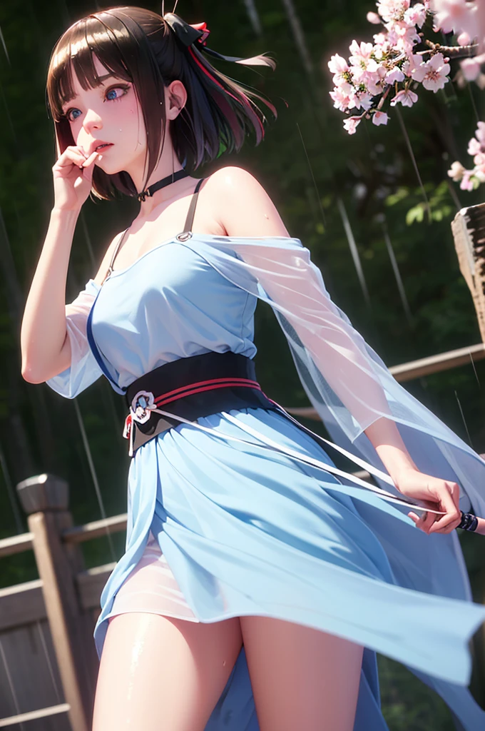 Nino　nanaco、short hair, Twin tails、Random color hair、 blue eyes, hair ornaments, Hair Ribbon, blunt , Both sides up, butterfly hair ornaments, skirt,Off the shoulder、Random color see-through kunoichi costume、Japanese see-through female samurai costume、See-through female ninja costume,, Open clothes, Collared dress emphasizes cleavage、胸の谷間のSweat is noticeable、Professional lighting light reflection、 looking at viewer, (masterpiece:1.2), Highest quality, High resolution, unity 8k wallpaper, (figure:0.8), (Beautiful fine details:1.6), Highly detailed face, Perfect lighting, Highly detailed CG, (Perfect hands, Perfect Anatomy),heavy rain、heavy rainで全身びしょ濡れ、heavy rainで全身びしょ濡れの服、High heels、 ((Perfect handsの形))、(Perfect foot shape、Embarrassed expression、blush、Gestures to seduce a man、Shining Sweat、Perfect Skin,Sweat is noticeable、太もものSweat is noticeable、 Fair skin,Tight waist, Sweating profusely、Sweaty hair、Sweaty clothes、Sweaty、Visible sweat、rain-wet hair、A vast Western church with stained glass windows、Holding a Japanese sword、Athlete System、cherry blossoms,Dynamic Pose