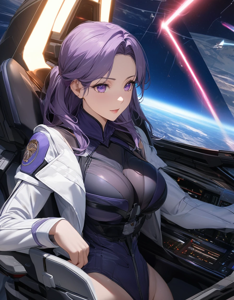 Beautiful mature woman,(High resolution,8k wallpaper,masterpiece,Highest quality,Depth of region,Anatomically accurate depiction),((女性universe飛行士:1.5)),(universe服),(Purple eyes,Large Breasts,),background:universe,(universe船の爆発,beam,laser),cockpit,(((universe戦争)))