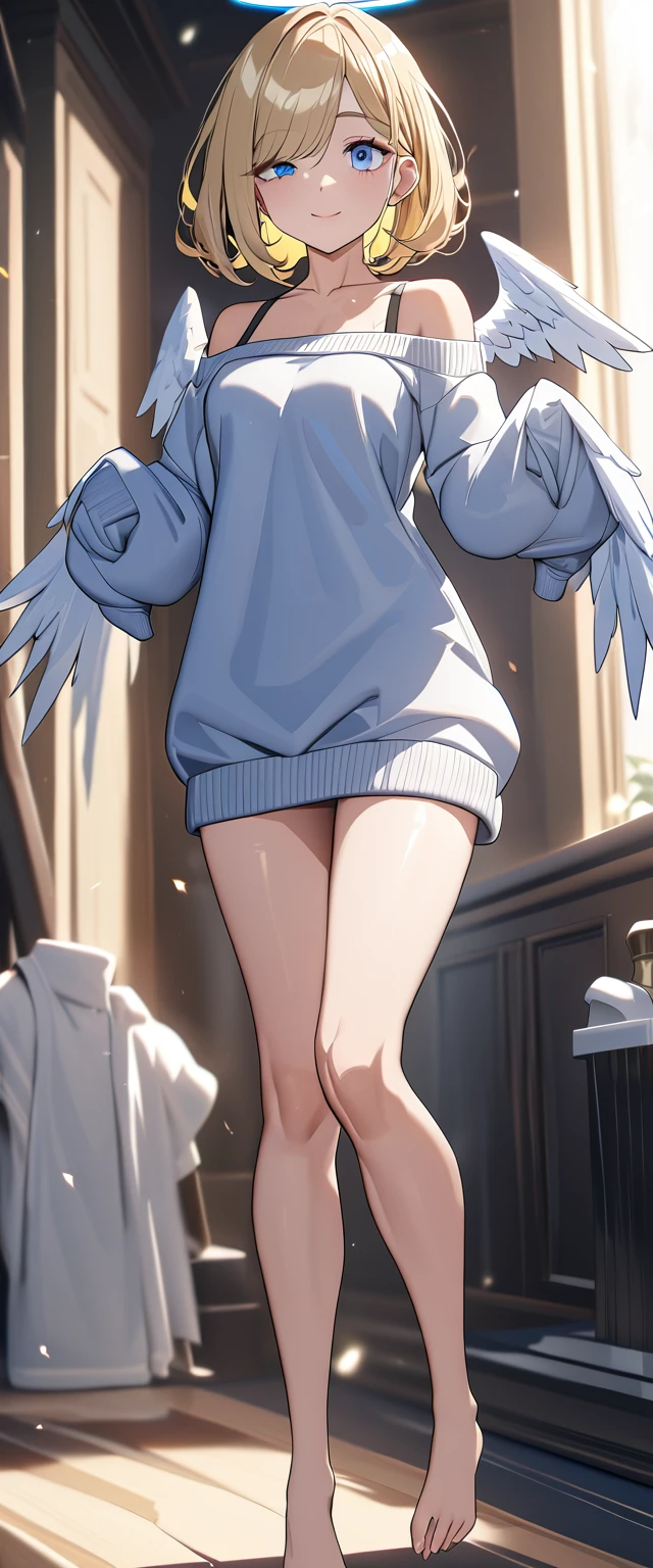 (((One girl))), (((full body))), ((flying)), ((angel, big big white wings:1.2, halo:1.3)), Uriel, ((wavy hair, outward curled hair)), evening, Sunset, ((blond hair, bob cut:1.3)), breasts, teenager, (looking at viewer), oversized clothes, puffy long sleeves, collarbone, ((off-shoulder sweater dress:1.3, Quite thick shoulder straps)), (((sleeves past wrists:1.3))), ((white sweater)), collarbone, head tilt:1.3, (((blue eye))), ((happy smile)), (((anime style))), (best quality, 4K, 8K, highres, masterpiece:1.2, ultra-detailed, ultra-detailed eyes, HDR, uhd, studio lighting, ultra-fine painting, sharp focus, physically-based rendering, extreme detail description, professional, vivid colors, bokeh), ((Highest quality, Best image quality, Ultra-high resolution, Ultra-high resolution, solo, Strong eye highlights)), Depth of written boundary, Natural soft light, attractive, Beautiful Face, Cleanliness, Pure Face, medium chest, Beautiful Face, Perfect Fingers, Perfect hands, Perfect body, Perfect Face, Shine a light into your eyes, Perfect Anatomy